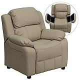 flash furniture deluxe padded contemporary beige vinyl kids recliner with storage arms