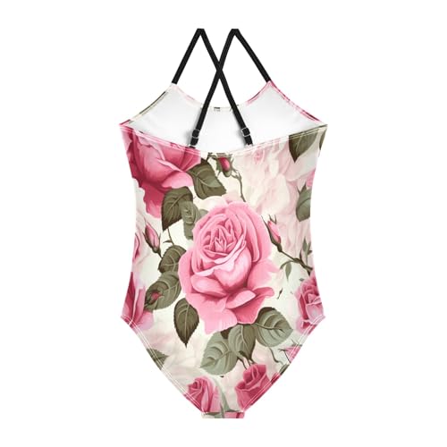 Pink Rose Flower Girls One-Piece Swimsuit Beach Bathing Suit2