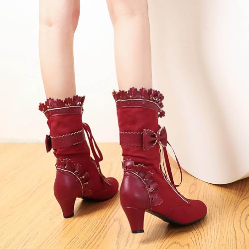 Victorian Boots for Women Chunky Heels Lace up Cute Bow Knot Cosplay Costumes Witch Medieval Renaissance Mid-Calf Goth Boots Vintage Gothic Lolita Shoes4