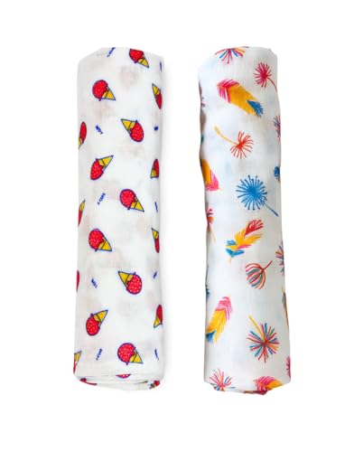 Image of Swaddle for Babies -100% Muslin Cotton Soft Swaddle /Blanket /Multipurpose Wrap for New Born Baby Girl & Boy | Perfect for Gifting | 100x100 cm | 0-6 Months, Set of 2,(Feather & Ice-cream Print)