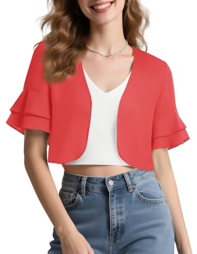 Image of Urban CoCo Women's Sheer Chiffon Bolero Shrug Ruffle Short Sleeve Open Front Cropped Cardigan for Dresses