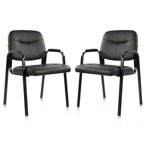 Elevon Waiting Room Chairs No Wheels Set of 2, Leather Stationary Office Reception Guest Chair with Padded Arms for Elderly Desk Conference Room Lobby Table Side Salon