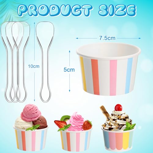 Image of Boao 100 Set 5 oz Ice Cream Cups with Spoons Disposable Paper Sundae Dessert Bowls Summer Party Supplies (Striped Style)