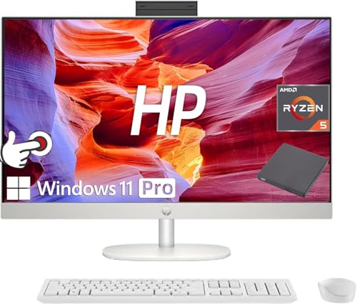 Image of HP 27 inch FHD Touchscreen All-in-One Desktop, AMD Ryzen 5 7520U Processor, 16GB DDR5 RAM 1TB SSD, Wi-Fi 6, Bluetooth 5.3, 9H DVD & Wireless Keyboard & Mouse, Windows 11 Pro, White
