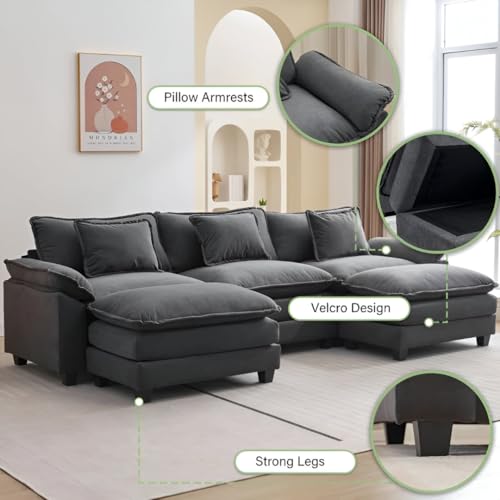 Image of Modern U Shaped Sectional Sofa, Plush Chenille Upholstery, Extra Deep Seats with Throw Pillows for Living Room Office Hotels (Dark Grey)