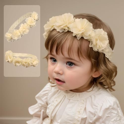 Rannyrena Cute Lace Flower Baby Girls Headband Elastic Floral Head Wrap Baby BirthdayTurban Hairband for Newborn Infant Toddler Kids (Off white A, Adjustable)