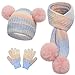Kids Knit Beanie Long Scarf Gloves Set Cute Pompom 3 Pack Cuffed Caps Touchscreen Gloves Winter Thermal Warm Beanie Light Pink,One Size