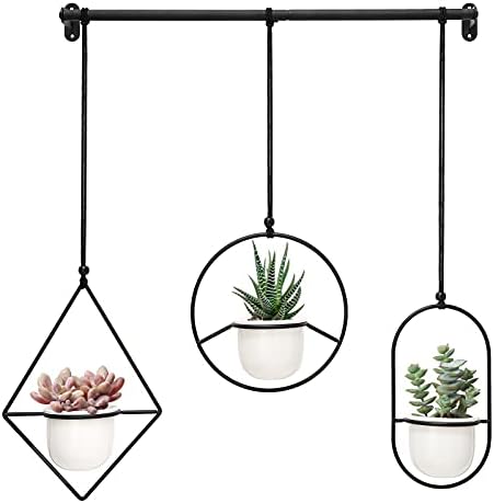Mkono Mini Hanging Planters Indoor Herb Garden for Window, 3.5" Ceramic Plant Pot in 3 Different Metal Plant Hangers with Drainage Holes for Indoor Plants, Black/White