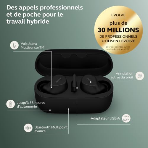 Jabra Evolve2 Buds - Écouteurs Bluetooth intra-auriculaires sans fil True Wireless, réduction de bruit active et MultiSensor Voice 4 micros - Certifiés MS Teams, compatible avec d'autres applis - Noir