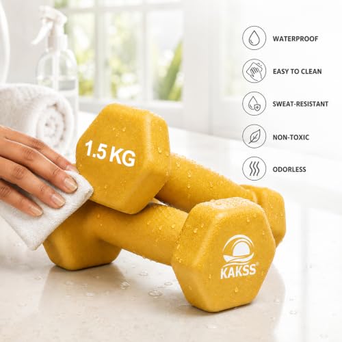 Image of KAKSS Neoprene Dumbbells Set, 3kg (2 x 1.5kg), Gold Hex Dumbbells with Easy-Grip Coated Finish, Cast Iron Hand Weights for Home Gym Equipment and Fitness Training for Women and Men