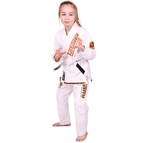 Tatami Fightwear Meerkatsu Kids Animal Jiu Jitsu Gi, 425GSM Jacket, Twill BJJ Pants, and White Belt, White, M1