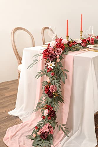 Yyhuawu 6Ft Artificial Eucalyptus Garland With Flowers,Wedding Table Willow Leaf Rose Garland Mantle Decor Handcrafted Diy Dinner Centerpieces For Party Bridal Shower Reception Table Decoration #TOP1