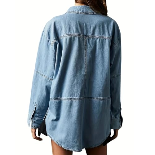 Women's Denim Pullover Button V Neck Long Sleeve Shirt Classic Retro Jean Jacket Casual Loose Tops with Pocket3