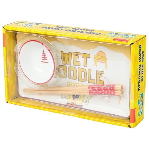 Image of Silver Buffalo Spongebob Squarepants Wet Noodle Krabby Patty Ceramic Sushi Set with Dipping Sauce Dish and Matching Chopsticks