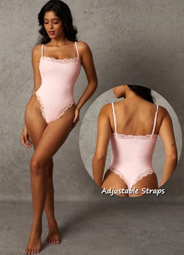 Image of Navneet Women Sexy Lace Bodysuit Lace Trim High Cut Thong Spaghetti Strap Cami Bodysuit Going Out Tank Tops Body Suit