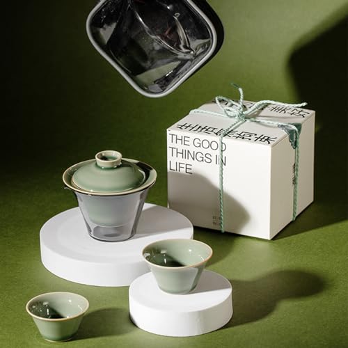 Pedoleco ティーセット 茶器セット 陶器製 携帯性 旅行用 収納袋付き ギフト包装 茶碗*1と30mlティーカップ*2 湯呑みセット 茶器揃 茶具セット 中国茶セット 中国茶器 (シアン)