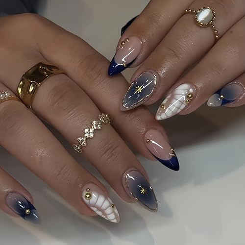 24Pcs Ombre Blue Press on Nails Medium Almond Fake Nails with Rhinestones Crocodile Design Blue French Tips False Nails Gold Star Line Full Cover Acrylic Nails Stick on Nails Glue on Nails for Women