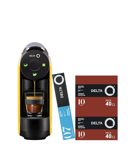 Delta Q - Cafetera de Cápsulas MiniQool - Color Amarillo - 19 Bares de Presión - Capacidad 0,6 L - Incluye 80 Cápsulas Intensidad 10 y 10 Cápsulas Descafeinado