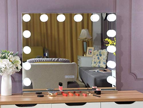HANSONG Large Vanity Makeup Mirror with Lights,Bluetooth Hollywood Lighted Dressing Tabletop Mirror&Wall Mounted Beauty Mirrors with 15 pcs Led Bulbs,Detachable 10X Magnification Spot Cosmetic Mirror