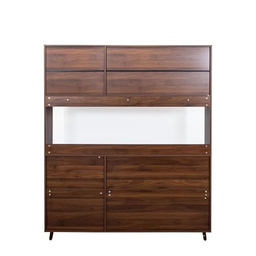 Image of 63 inch Walnut Kuchenschrank Vorratsschrank Aufbewahrungsschrank, Freistehender Kuchenschrank mit Schubladen und Turen, Gross Kuchenaufbewahrung mit Mikrowellenablage(Walnut 63 inch)