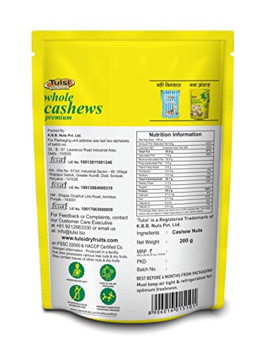 Image of Tulsi Whole Cashew Premium (Grade W320) 800GM (200g x 4) | Handpicked Kaju Nuts | Premium Cashew Nuts | Raw Cashews | Rich in Protein | Source of Dietary Fiber | Good Size | Whole Kaju | (Pack of 4)
