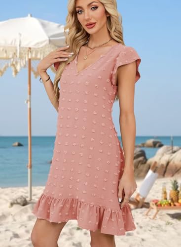 Image of QACOHU Spring Summer Dresses for Women 2026 V Neck Cap Sleeve Ruffle Hem Smock Short Casual Beach Dress