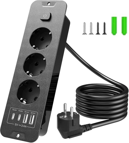 Inhwatek Steckdosenleiste mit USB (PD 20W), 3-Fach Einbausteckdose, 7-in-1 Versenkbare Steckdose Tischsteckdose, Mehrfachsteckdose mit 2M Kabel Für Küche Büro Arbeitsplatte, 16A/4000W