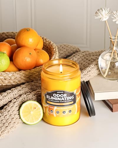 Image of AOOVOO Citrus Lemon Large Odor Eliminating Highly Fragranced Candle - Eliminates 95% of Pet, Smoke, Food, and Other Smells Quickly, Air Freshing Soy Candle, 22 oz Up to 110 Hours Burn time