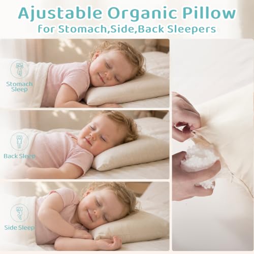 Image of Adjustable Kids Pillow for Ages 2-4 with Organic Cotton Pillowcase | 13x18 Youth Pillow, CPSC and OEKO-TEX Certified, Hypoallergenic, Machine Washable, Bedroom, Preschool Nap, Travel