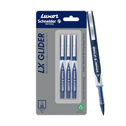 Image of Luxor Schneider, LX Glider Pens, Pack of 3, Ink- 2 Blue & 1 Black, Hybrid Tip, Refillable, Liquid Ink Roller Pen, Crafted for Professionals