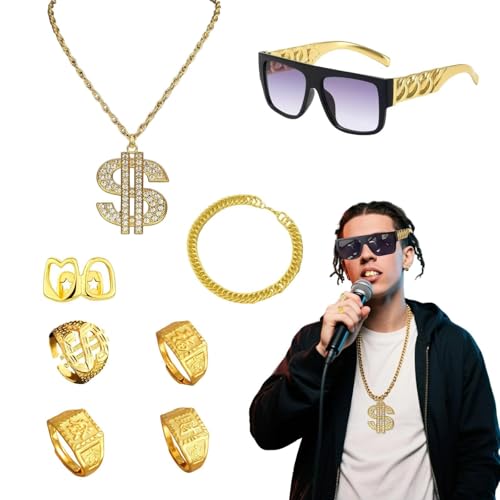 WNTJN 8 pièces Déguisement Rappeur, Kit de Costume Hip Hop Homme, Accessoires de Rappeur des Années 80/90 pour Concerts de Rap, Ccostume de Proxénète, Déguisement Disco, Soirées Halloween