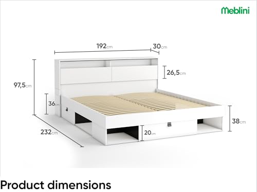 MEBLINI Funktionsbett 180x200 SMARTEE mit Lattenrost aus Holz - Schrankbett mit LED - Bett mit Stauraum - Doppelbett mit Schubladen - Stauraumbett - Bettkästen mit Aufbewahrung - Weiß/Schwarz – Bild 3