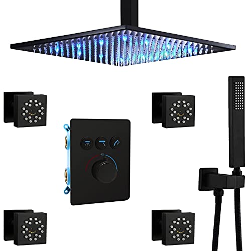 Homekicen Ceiling Shower Head System - 12" Square LED Rain Showerhead with High Pressure Handheld and Full Body Spray Jets, Thermostatic Valve Can Use All Rainfall Kit At Same Time, Matte Black