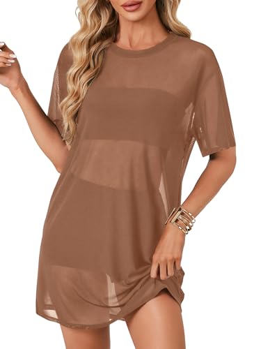 LYANER Women's Sheer Mesh Short Sleeve Cover Ups Round Neck See Through Sexy Blouse Shirt Top2