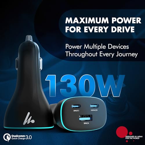 Image of PD 130W Superfast Charging 2.0 Car Charger, with 2XType C & USB-A, PPS & QC 3.0, Triple Port (100W + 30W + 18W), 12V-24V Compatible, Multi-Layer Protection, 2-Years Manufacturer Warranty