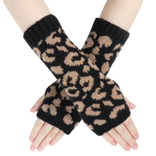 Topdearㅤ Topdear Fingerless Winter Gloves for Women, Stylish and Stretchy Leopard Print Design Women Fingerless Knit Gloves for Cold Weather, Thermal Warm Knit Glove for Running Driving Hiking(Black)