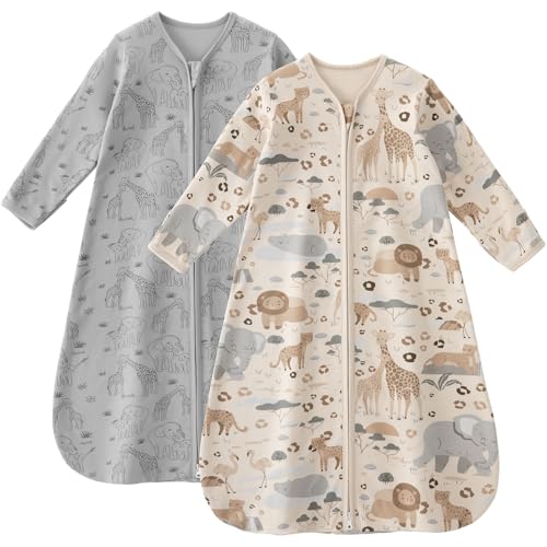 Image of Unnivoll Baby Sleep Sack 6-12 Months 100% Cotton Long Sleeve Wearable Blanket Baby Sleep Bag with 2-Way Zipper 2 Pack 0.5 Tog Sleeping Sack for Newborn Infant Apricot Gray Elephant
