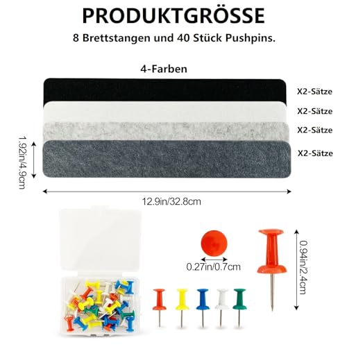 8 Stück schwarz-weiß-graue Pinnwand Bar Streifen Korkplatte,Filz Pinnwand mit 40 Stück Pushpins für Foto Hängen, Boards Bulletin Board Wanddekoration für Büro Küche