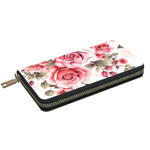 Long Large Leather Wallet Stylish Personalized Print Checkbook Card Wallet Phone Purse Clutch Bag (Blossoming Rose Flowers)2