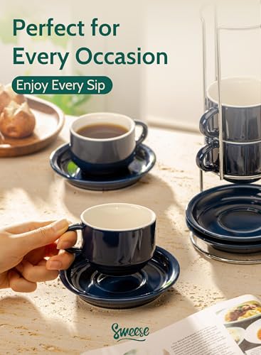 Image of Sweese 8 Ounce Porcelain Stackable Cappuccino Cups with Saucers and Metal Stand - for Specialty Coffee Drinks, Cappuccino, Latte, Americano and Tea - Set of 4, Navy