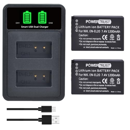 PowerTrust 2 baterías EN-EL20 EN EL20a y cargador USB integrado para Nikon Coolpix P1000, P950, 1 J1, 1 J2, 1 J3, 1 AW1, 1 V3, Coolpix A