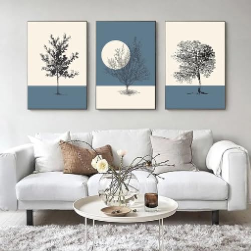 Toile peinture imprime art abstrait lune beige bleu triptyque mural 70x100 cm sans cadre