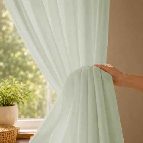Image of LINENWALAS Aesthetic Sheer Curtains 8 Feet Long Set of 2, Poly Linen Shrink & Fade Proof Drapes for Semi Long Door, Semi Transparent Modern Panels with Rod Pocket Hanging for Living Room (Sage Green)