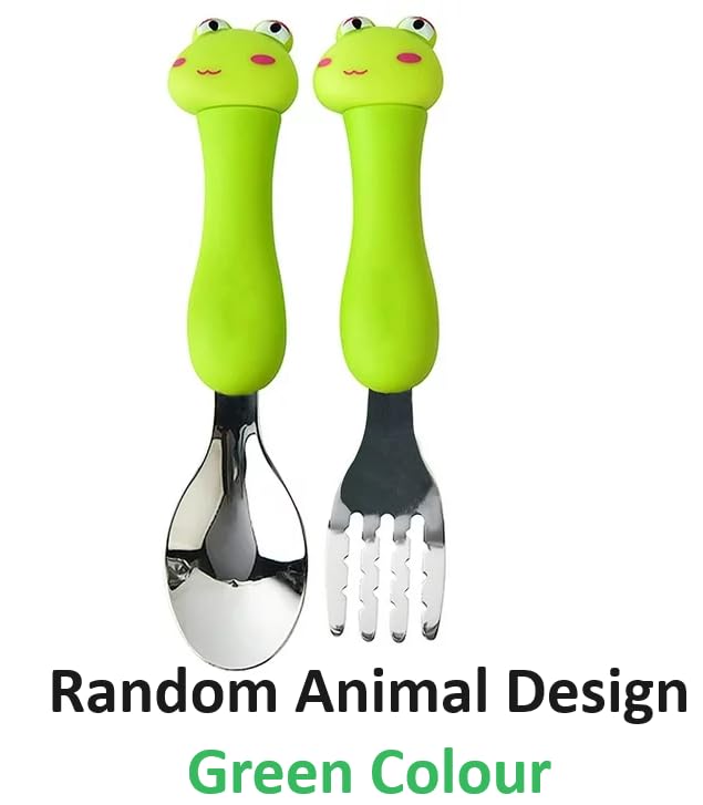 Image of Travel Spoon Fork Set for Kids, Premium Stainless Steel 1 Baby Spoon & 1 Fork Set for Kids with Travel Case, Stainless Steel Spoon and Fork Set, Food Grade PP Spoon (Random Design, Green)