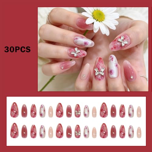 Image of 30 Pcs Nail Extensions For Women, Press On Nails Kit With Pink Rose Dyeing Bow Design, Oval Shape Artificial Nails In 15 Sizes, Reusable Nail Tips For Special Occasions