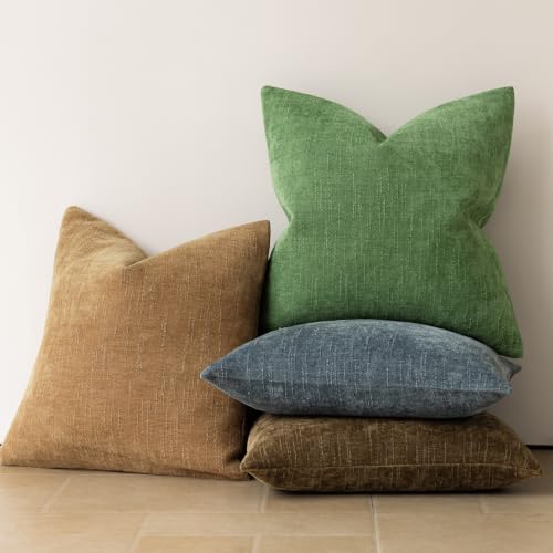 Image of Foindtower Pack of 2 Soft Textured Chenille Throw Decorative Pillow Covers Square Accent Solid Cushion Cover Cozy Neutral Farmhouse Pillow Case for Couch Sofa Bed Living Room 24x24 Inch,Forest Green