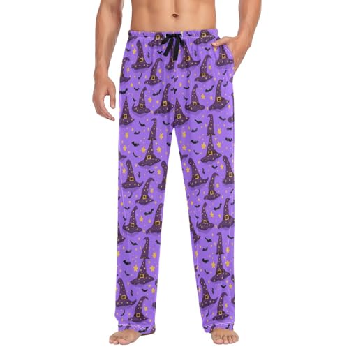 Men's Purple Witch's Hats Pajama Pants with Pockets - Straight Fit Cotton Sleep Bottoms for Lounge & Nightwear#71