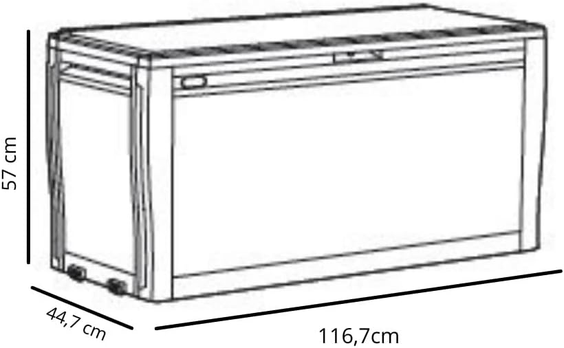 Technical drawing showing the dimensions of the Keter Comfy Deck Box 270L: Length 116.7 cm, Width 44.7 cm, Height 57 cm.
