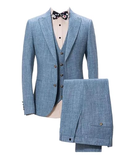 Mens Light Blue Linen 3 Piece Suit Slim Fit Formal Striped Breathable Wedding Prom Set