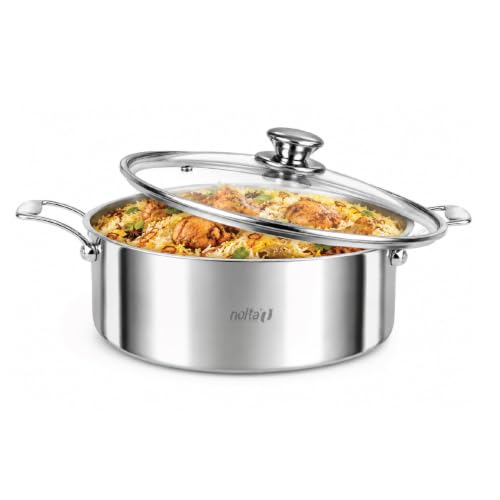 Image of NOLTA 3.5L Triply Biryani Pot, Induction Base, 5yr Warranty, ISI Certified | Heavy Bottom, 100% Food Safe, Consumes Less Oil, Biriyani Handi / Curry / Stew Pot with Glass Lid (24cm dia)